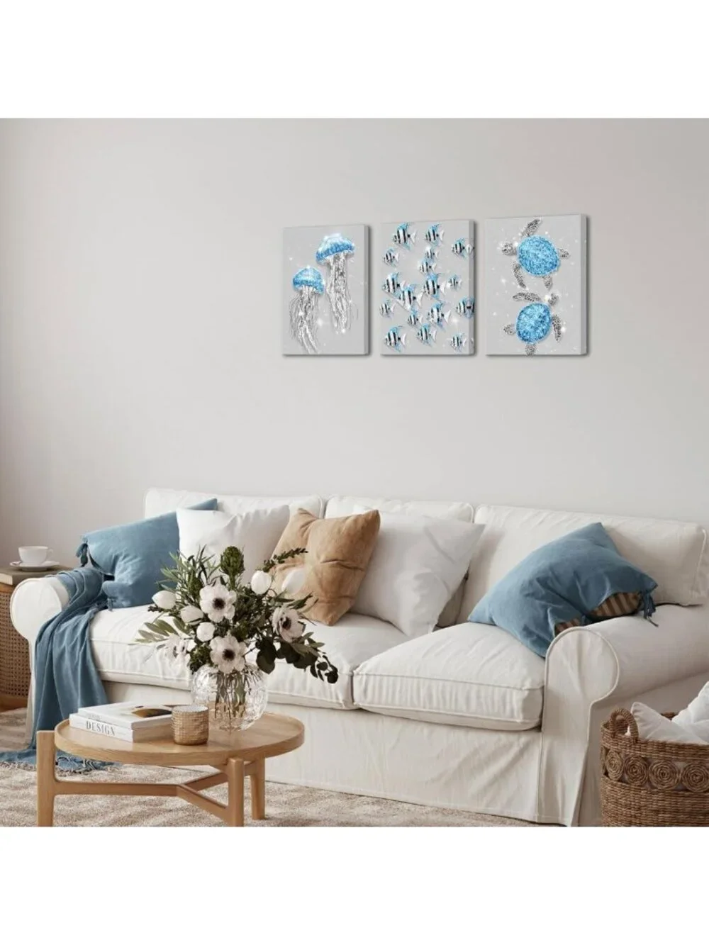Glitter Coastal Bathroom Wall Art - Ocean Jellyfish & Sea Turtle Decor, Blue